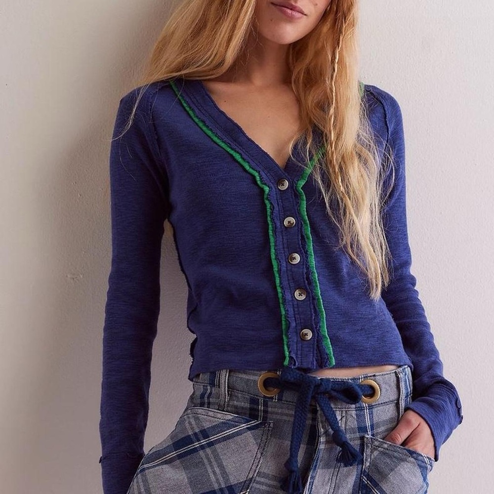 NWT Free People We The Free Tipton Cardigan Top in Indigo Combo Navy - S